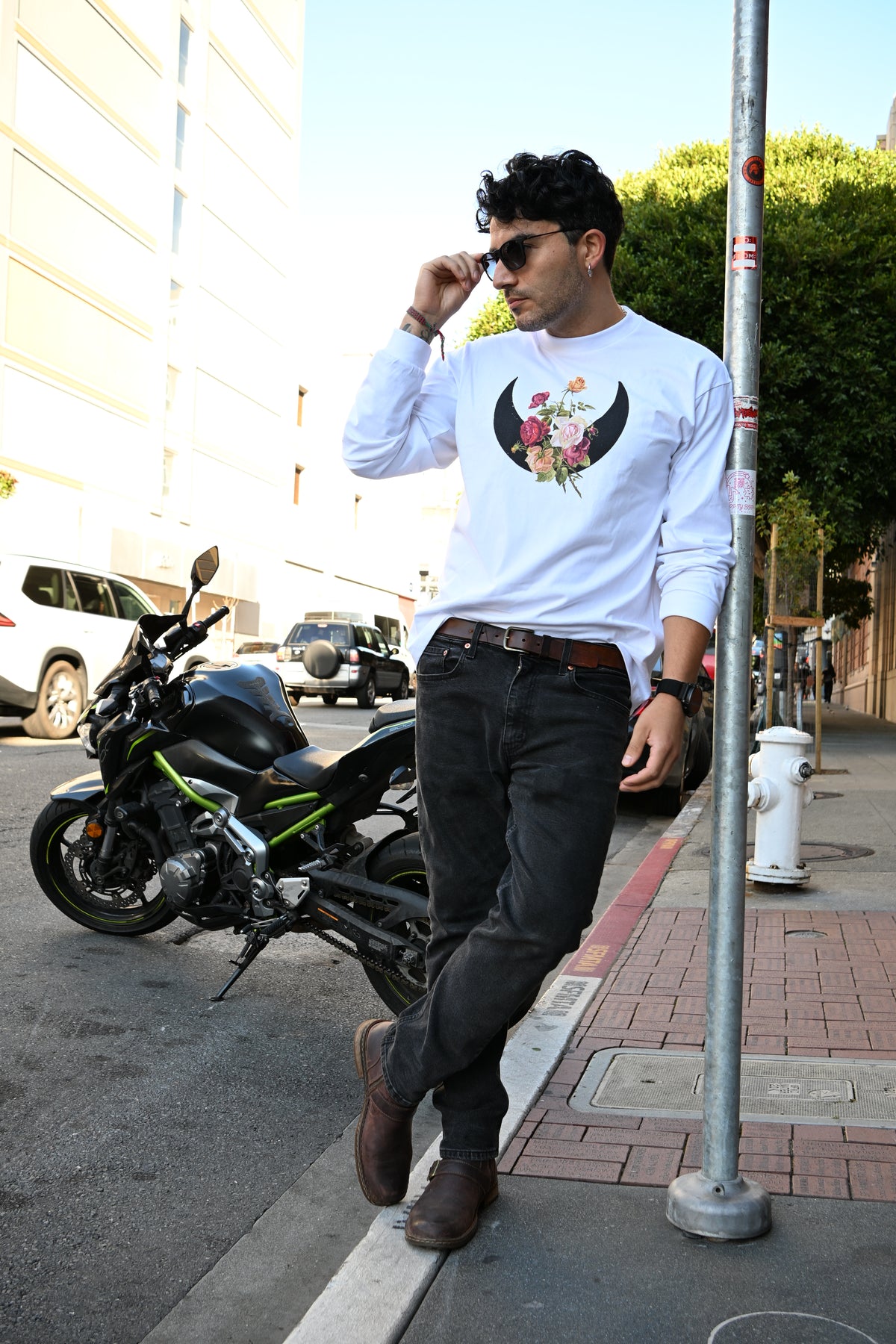 Rose Moon - Crew Neck Drop Shoulder Long Sleeve Shirt