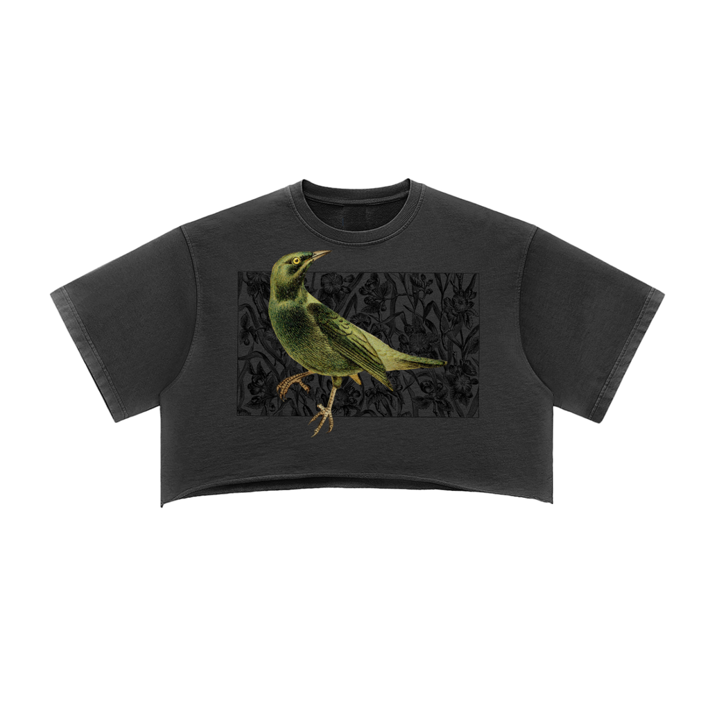 Black crop top with a bird graphic