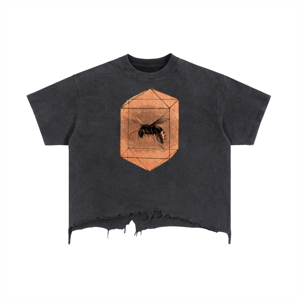 Black t-shirt with a geometric design featuring a wasp on an orange background