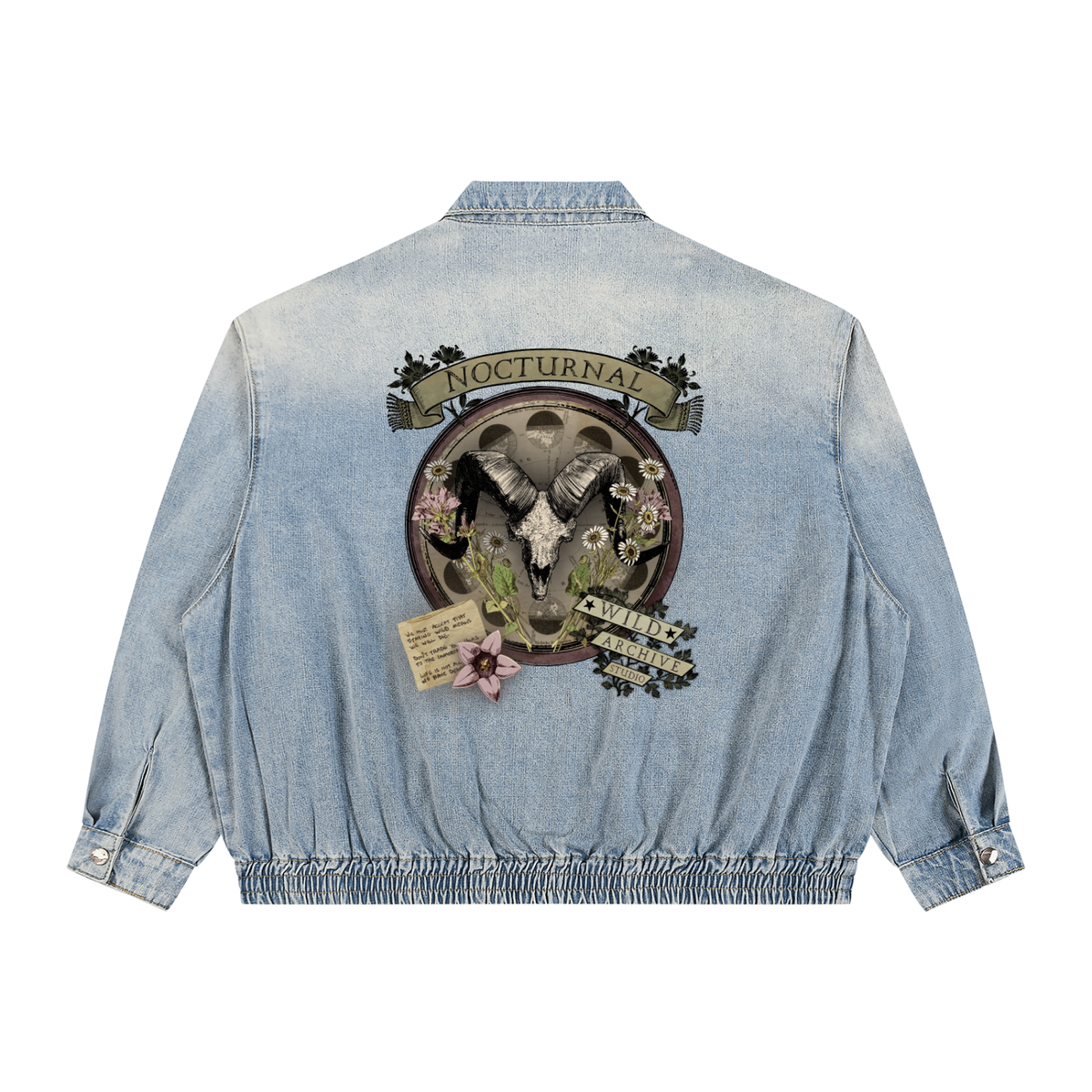 Nocturnal Ram - Vintage Wash Full-Zip Denim Bomber Jacket