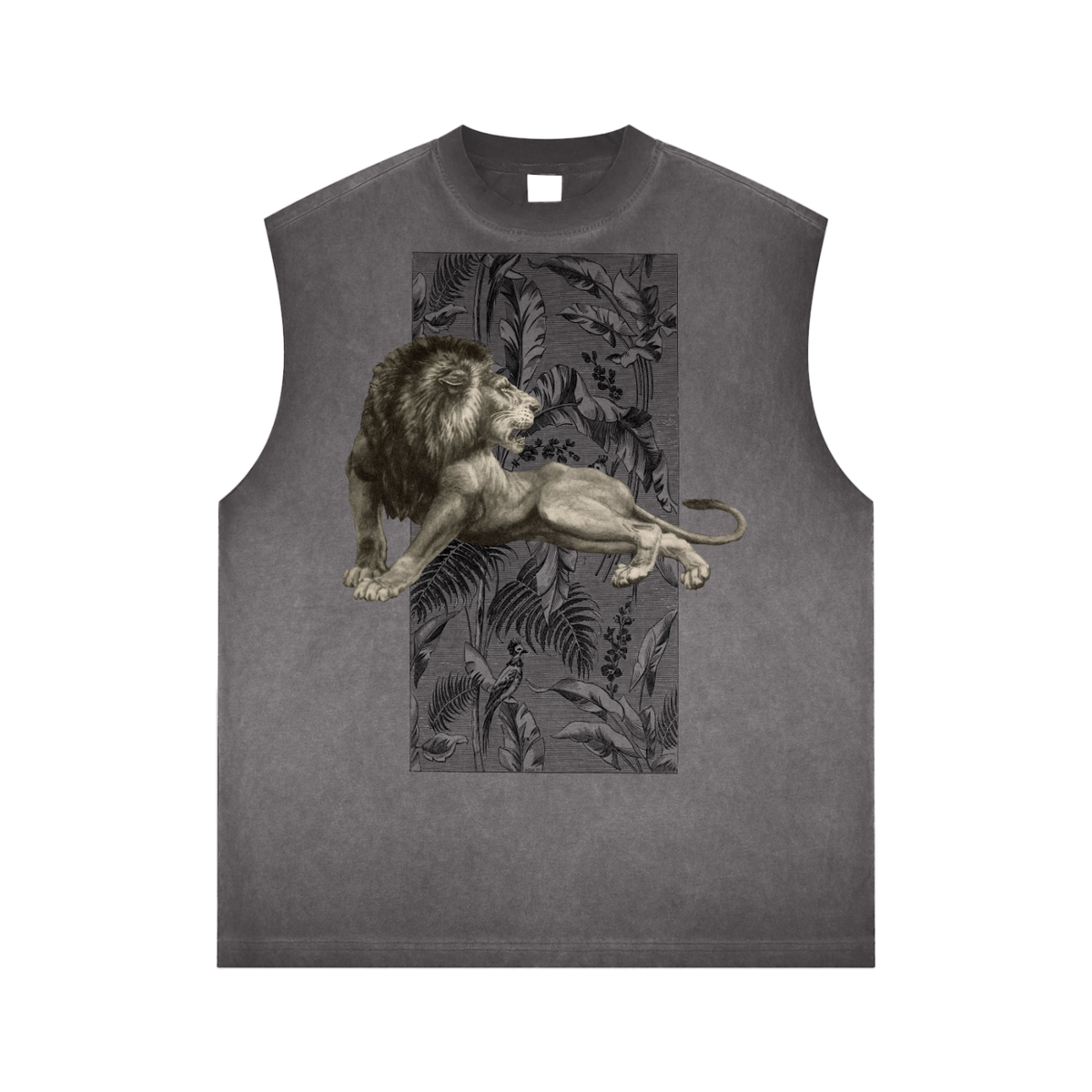 Sleeveless shirt with a lion and floral design